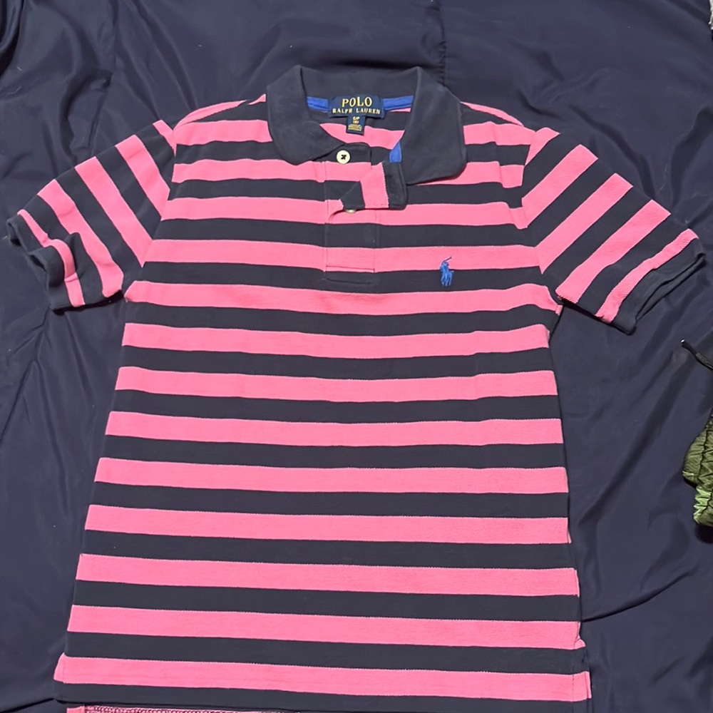 Ralph Lauren Boys Polo-Size S (8)- pink/Navy stripe